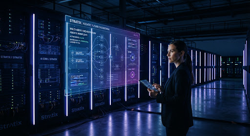 Futuristic server room illuminated with electric indigo light